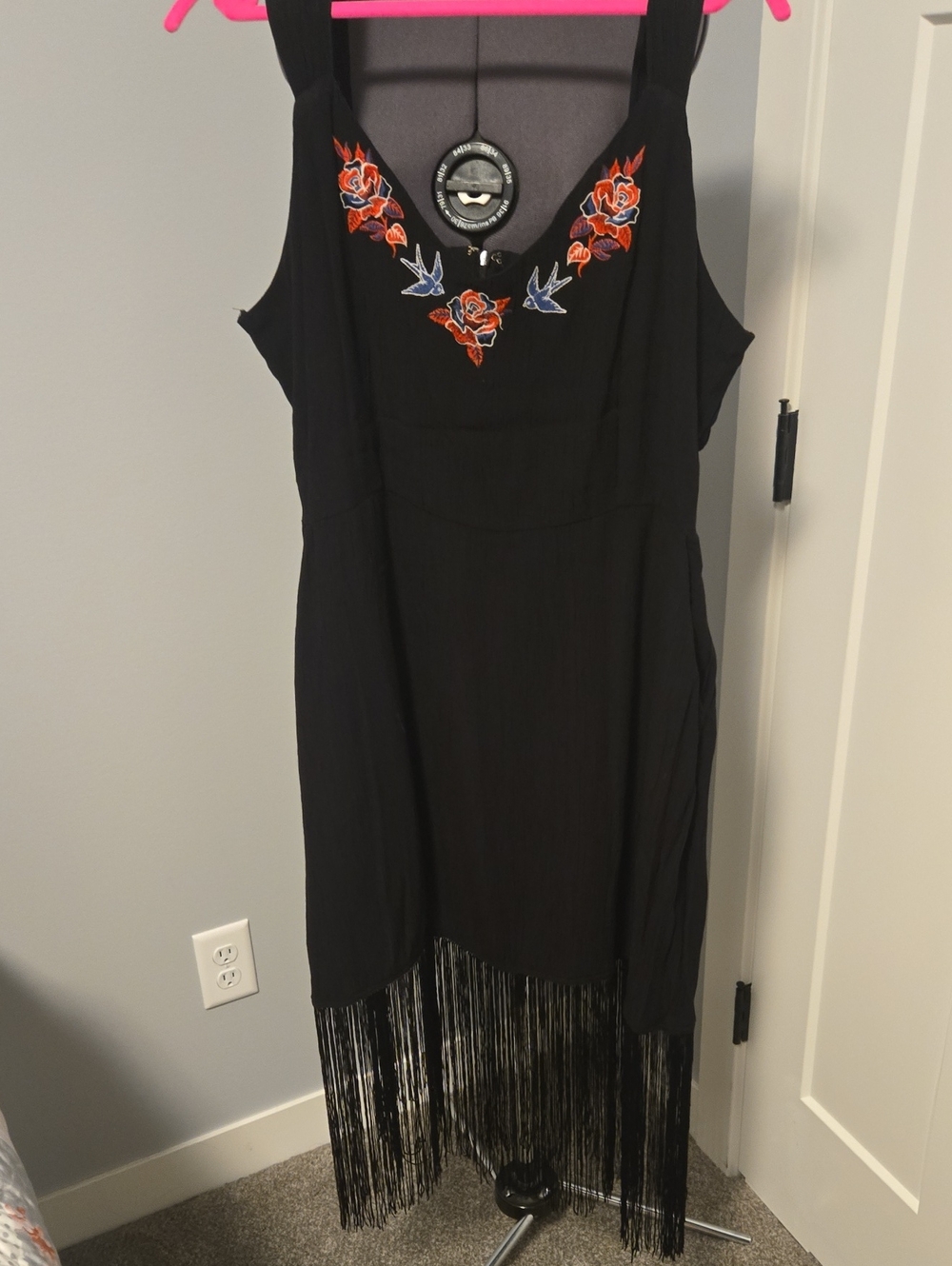 Idyllwind Black Mini Dress with Orange & Blue Embroidered Neckline